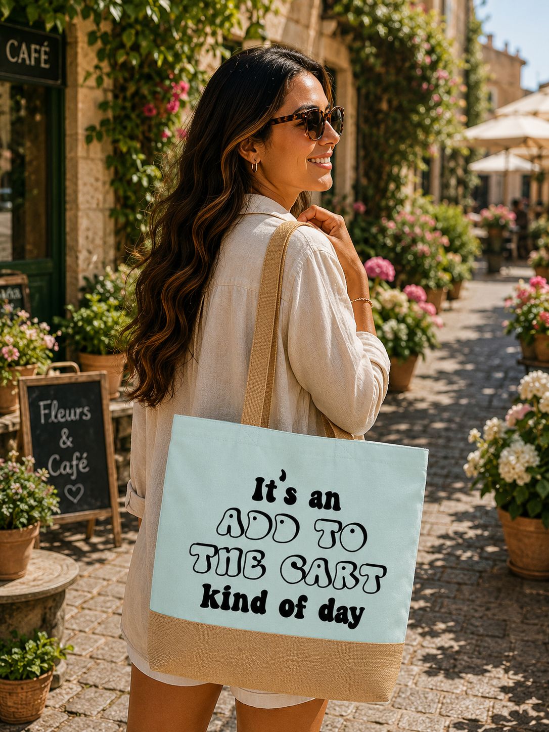 Strandtas “It’s An Add To The Cart Kind Of Day” – Trendy Shopper voor Shopping Lovers &amp; Stranddagen