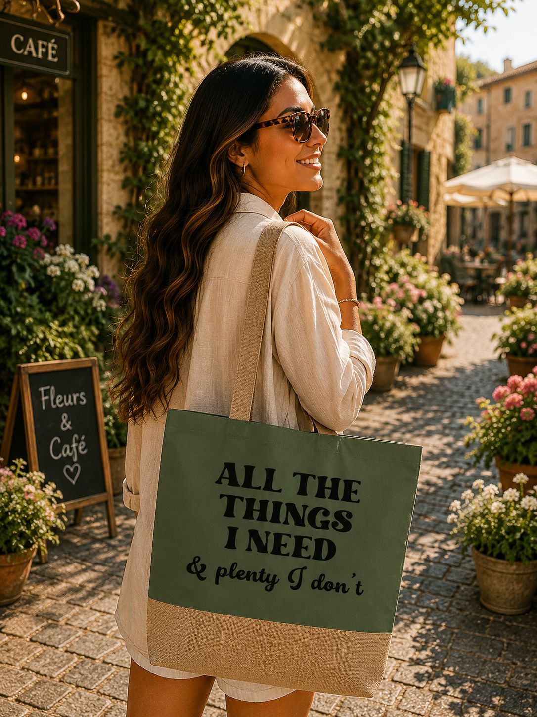 Strandtas “All The Things I Need And Plenty I Don’t” – Grappige Grote Shopper voor Strand &amp; Shopping Lovers