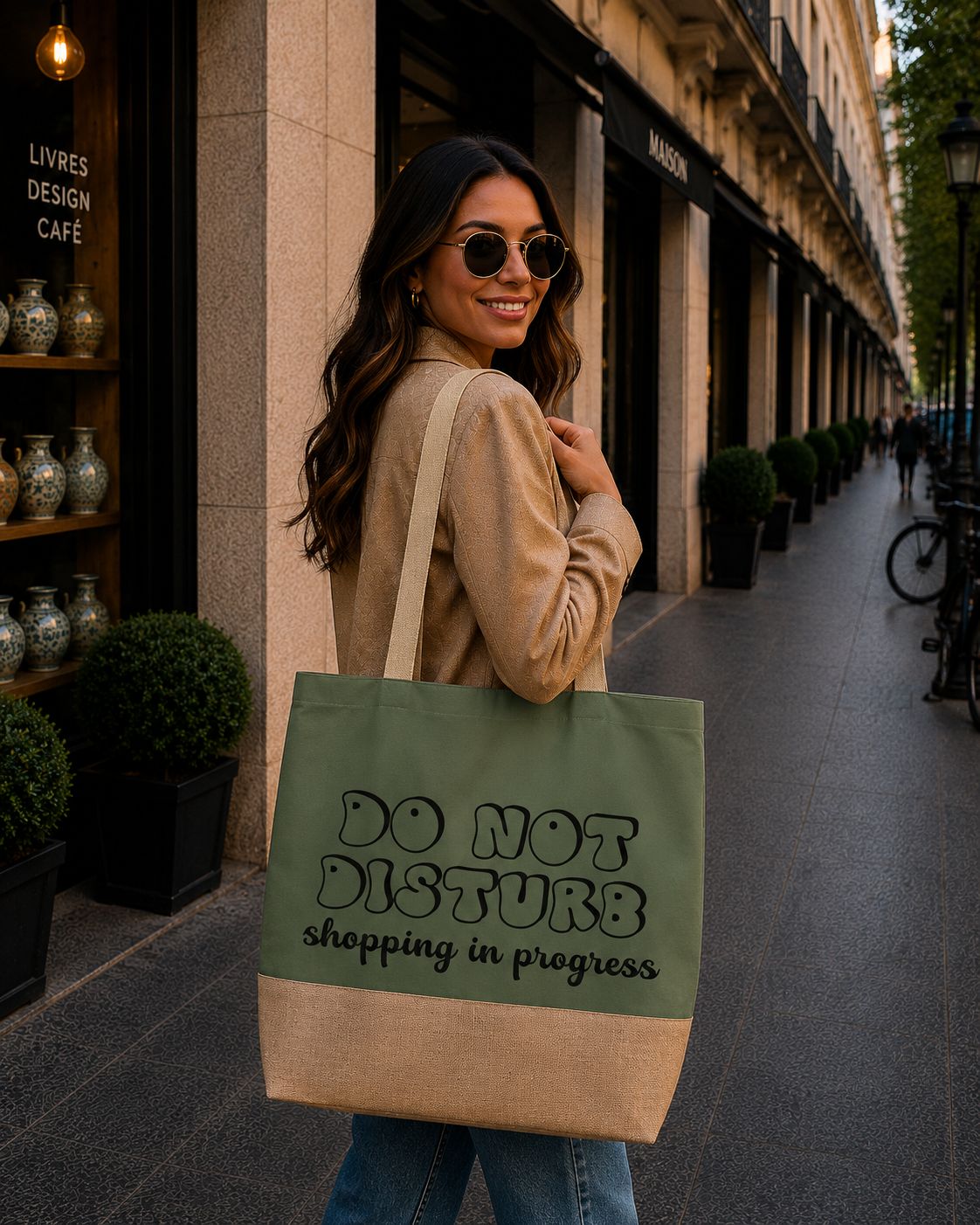 Strandtas “Do Not Disturb, Shopping In Progress” – Grappige Shopper voor Strand, Vakantie &amp; Shopliefhebbers