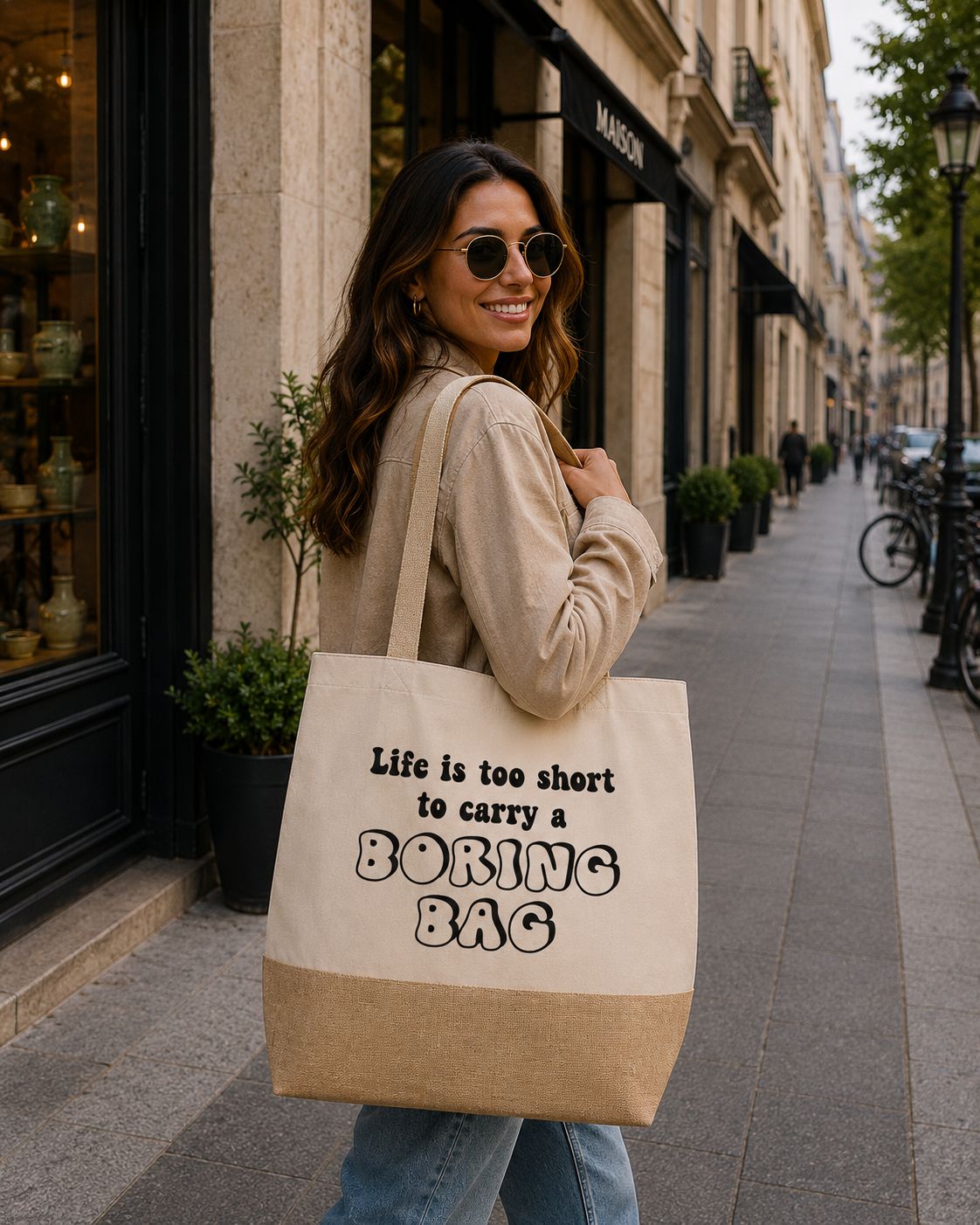 Strandtas “Life Is Too Short To Carry A Boring Bag” – Trendy Shopper voor Fashion Lovers &amp; Stranddagen