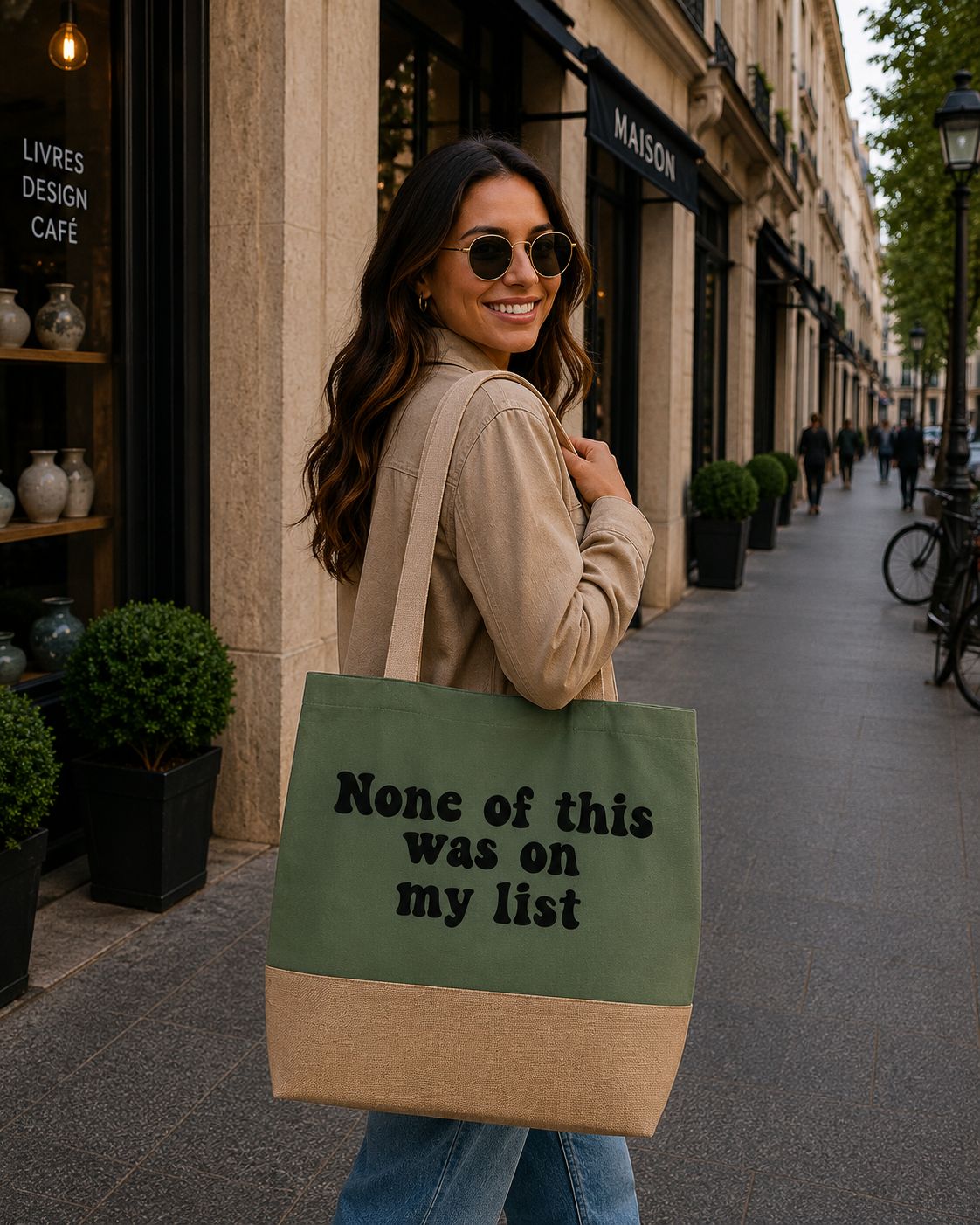 Strandtas “None Of This Was On My List” – Grappige Shopper voor Impulsieve Shopping &amp; Humor Lovers