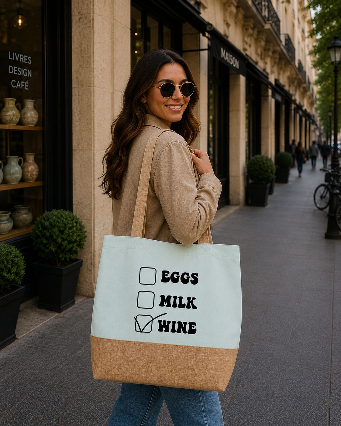 Strandtas “Eggs Milk Wine” – Grappige Shopper voor Boodschappen, Wijnliefhebbers &amp; Dagelijks Gebruik