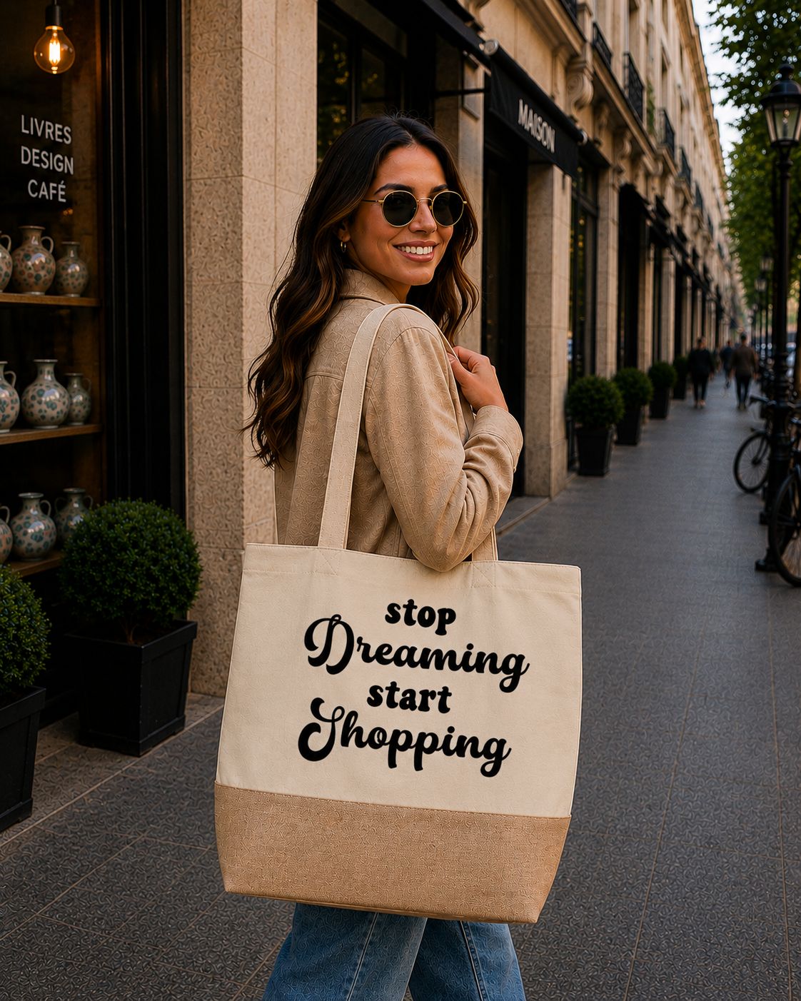 Strandtas “Stop Dreaming Start Shopping” – Trendy Shopper voor Shopping Queens &amp; Fashion Lovers