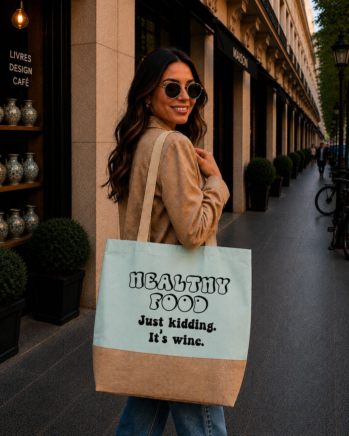Strandtas “Healthy Food… Just Kidding, It’s Wine” – Grappige Shopper voor Wijnliefhebbers &amp; Humor Fans