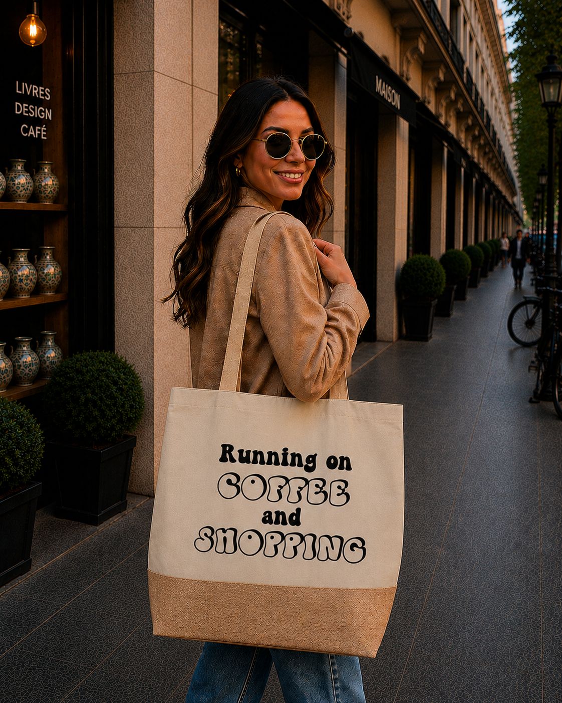 Strandtas “Running On Coffee And Shopping” – Trendy Shopper voor Koffieliefhebbers &amp; Shopping Queens