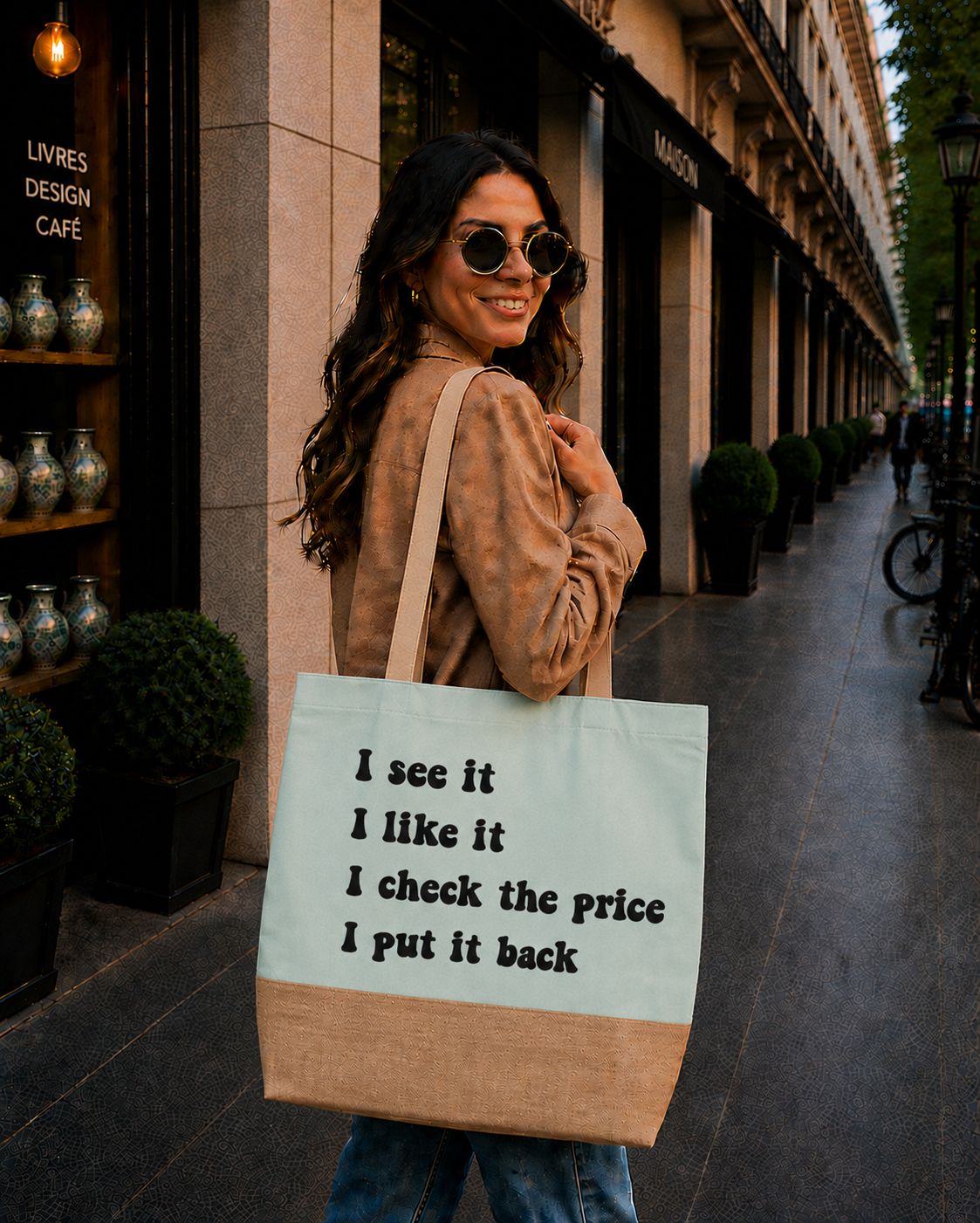 Strandtas “I See It, I Like It, I Check The Price, I Put It Back” – Grappige Shopper voor Budget Shopping &amp; Humor Lovers