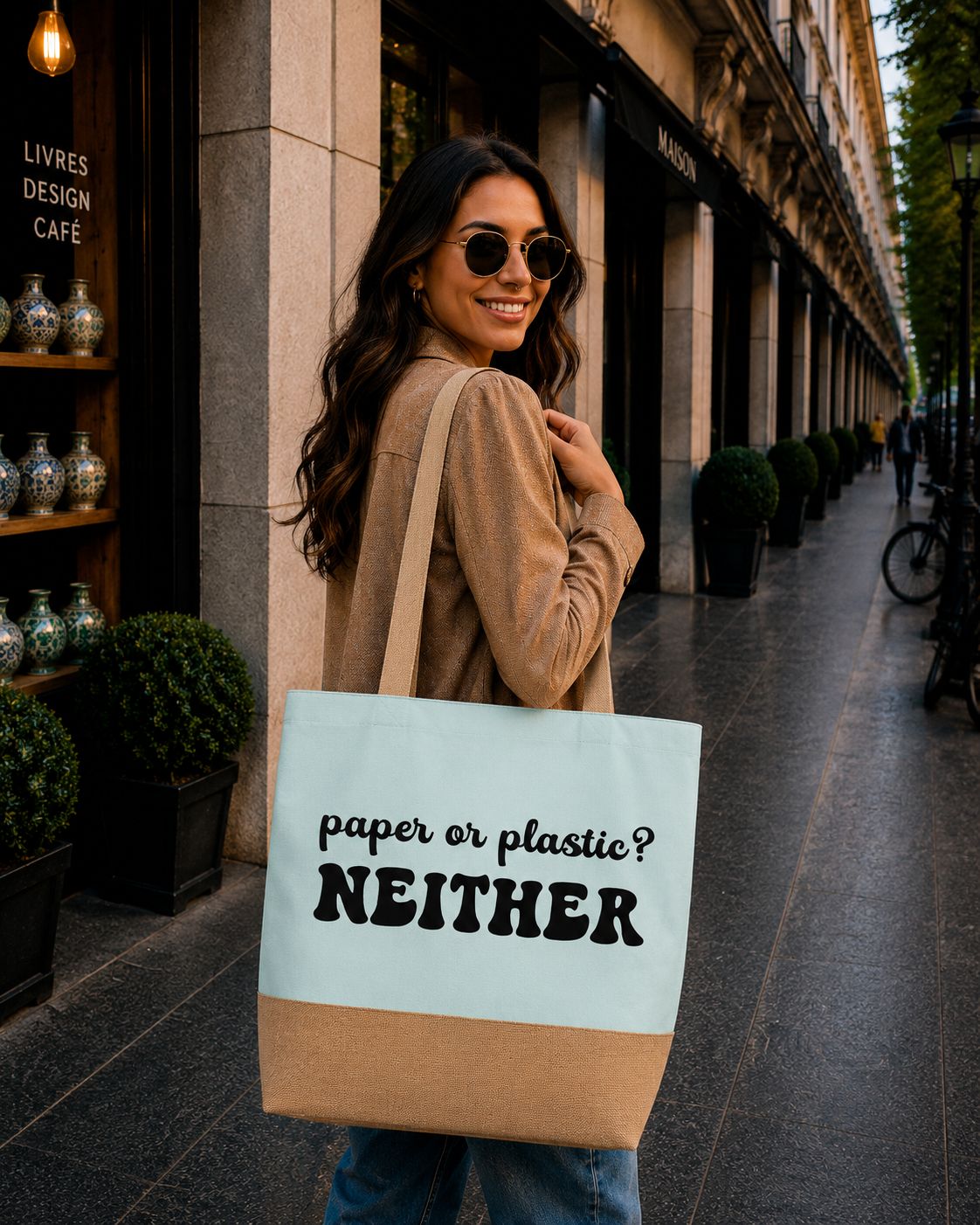Strandtas “Paper Or Plastic? Neither” – Trendy Herbruikbare Shopper voor Eco Friendly Shopping