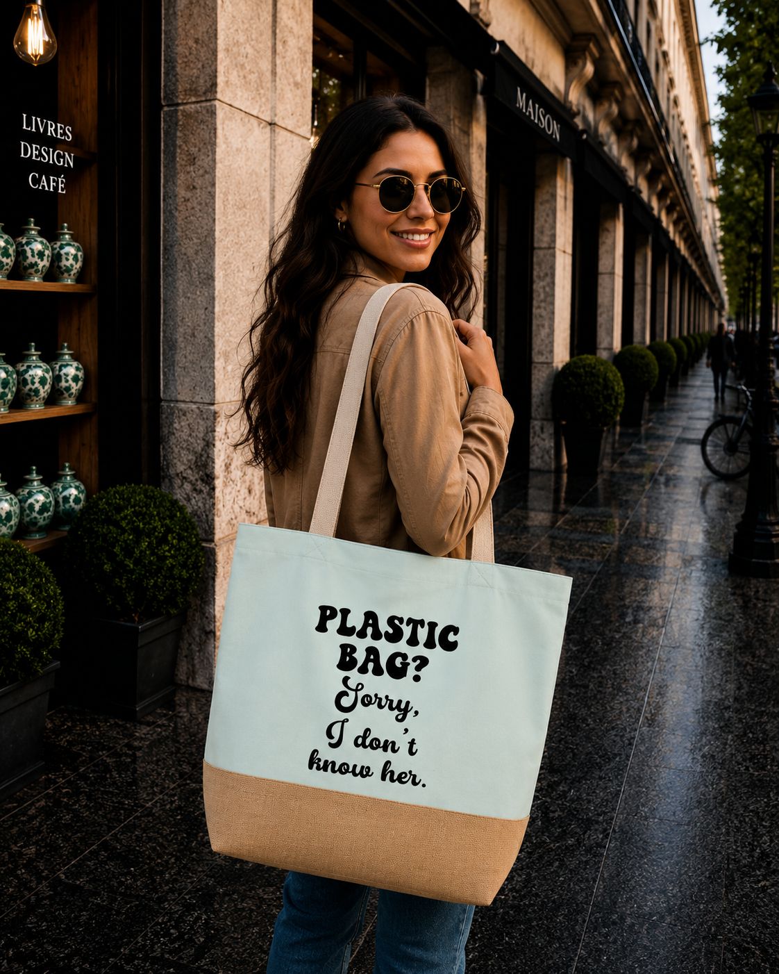 Strandtas “Plastic Bag? Sorry I Don’t Know Her” – Trendy Herbruikbare Shopper met Humor &amp; Eco Vibes