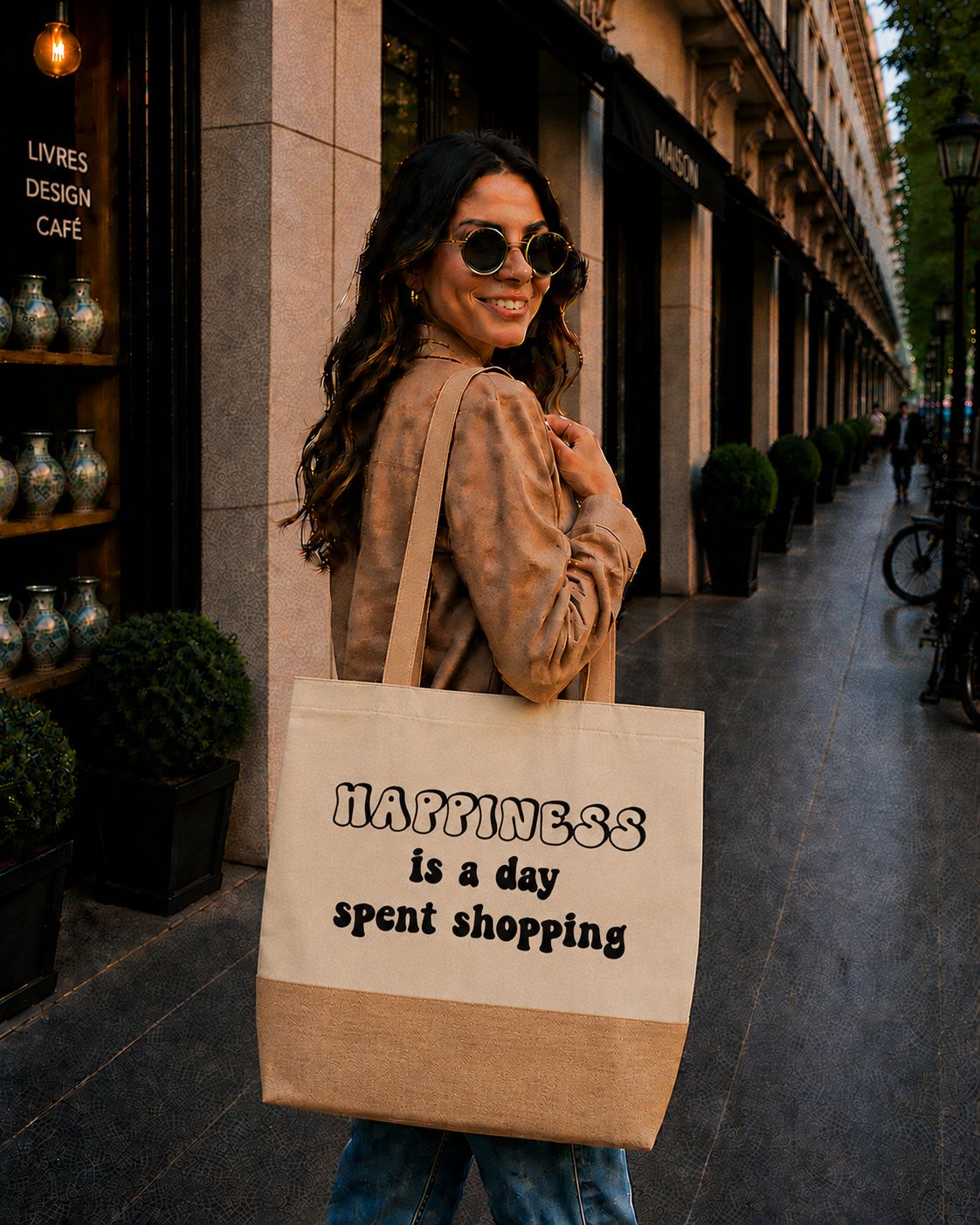 Strandtas “Happiness Is A Day Spent Shopping” – Trendy Shopper voor Shopping Lovers &amp; Happy Vibes