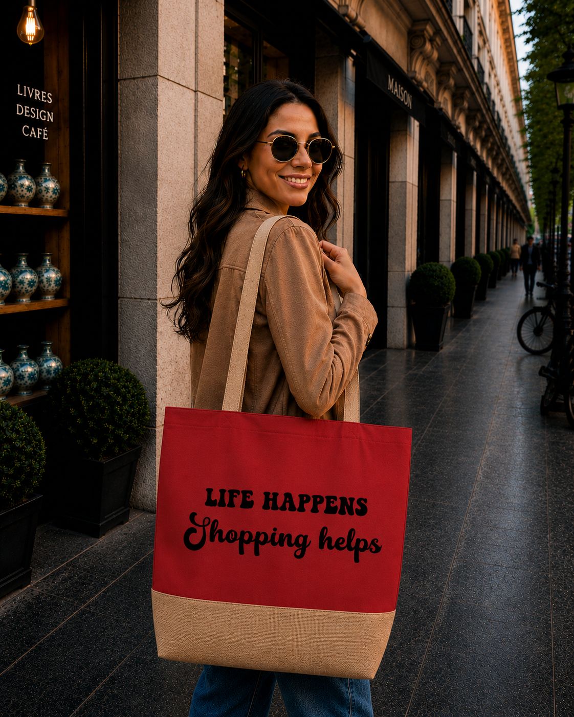 Strandtas “Life Happens, Shopping Helps” – Trendy Shopper voor Shopping Lovers &amp; Positieve Vibes