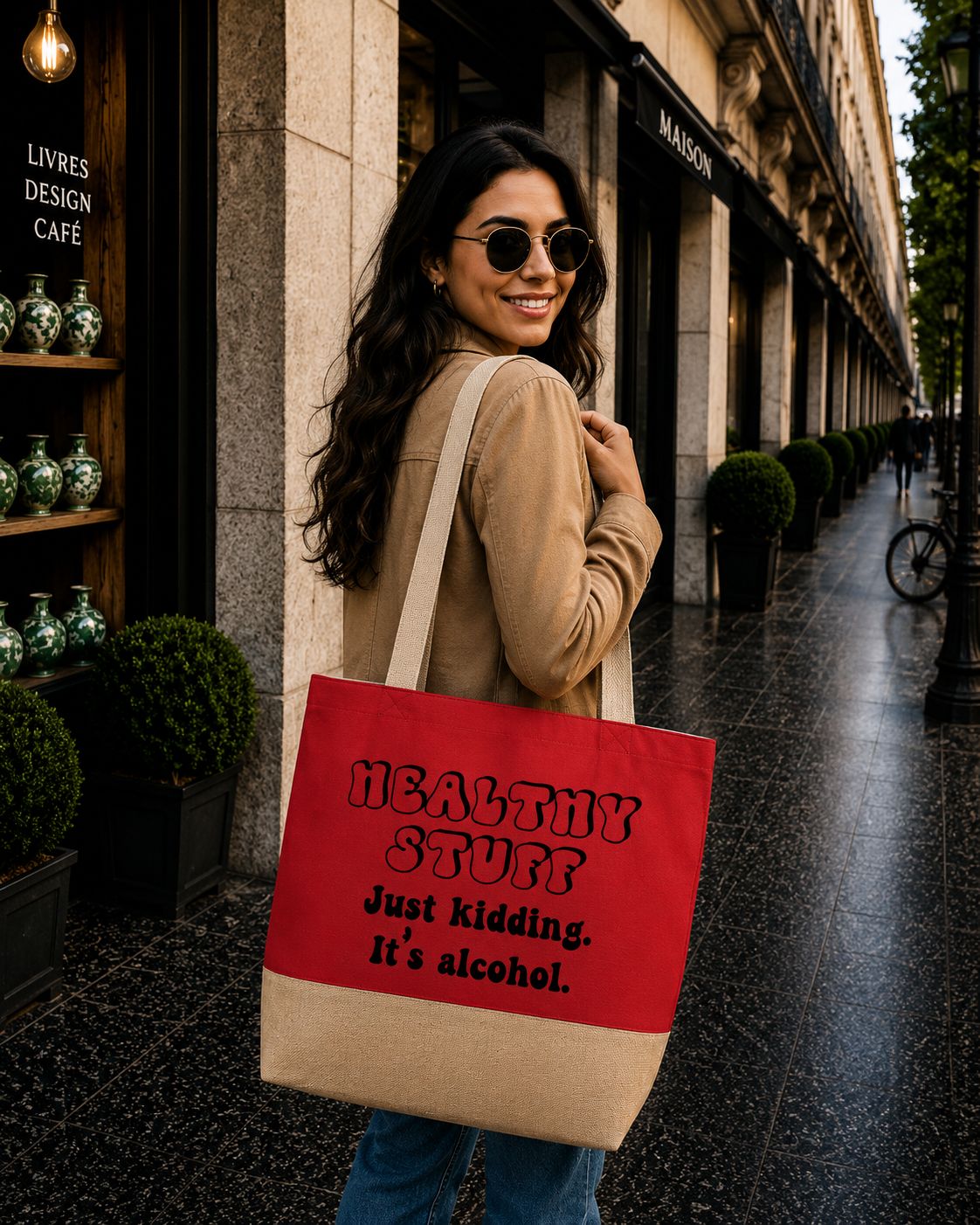 Strandtas “Healthy Stuff… Just Kidding, It’s Alcohol” – Grappige Shopper voor Feestjes &amp; Humor Lovers