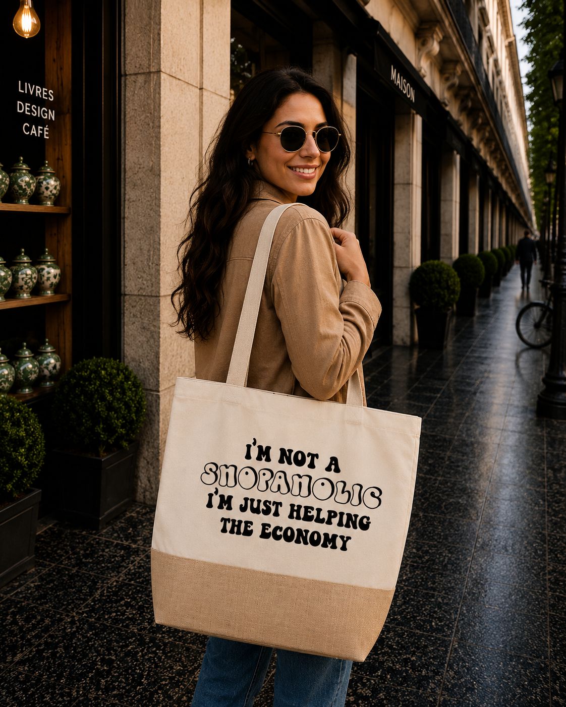 Strandtas “I’m Not A Shopaholic, I’m Just Helping The Economy” – Grappige Shopper voor Shopping Queens