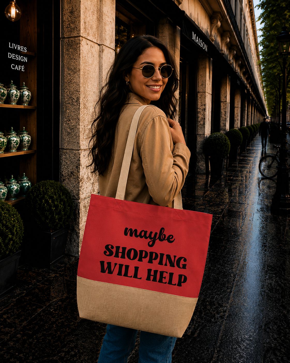 Strandtas “Maybe Shopping Will Help” – Grappige Shopper voor Shopping Lovers &amp; Positieve Vibes