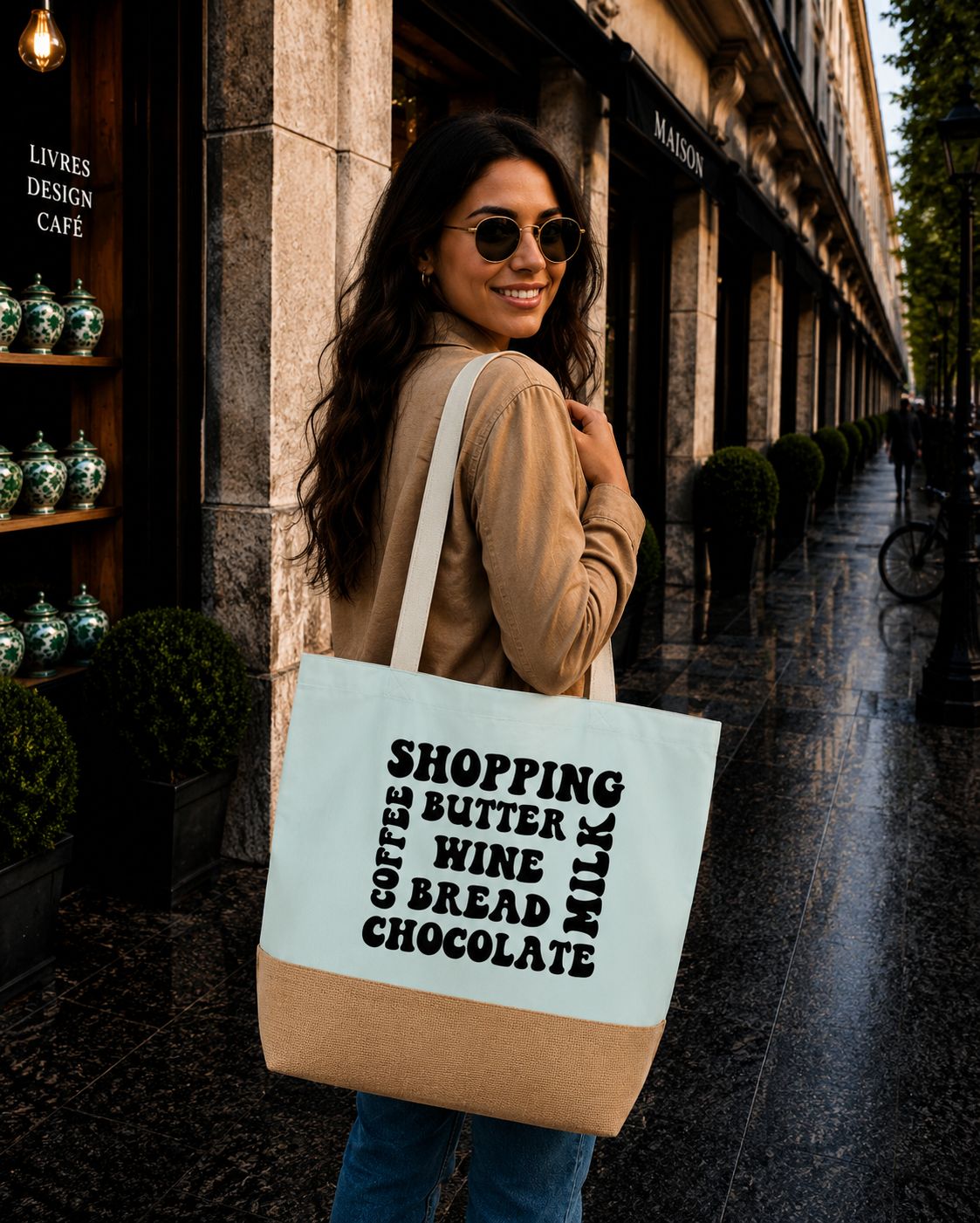 Strandtas “Shopping Butter Wine Milk” – Grappige Shopper voor Boodschappen, Wijnliefhebbers &amp; Dagelijks Gebruik