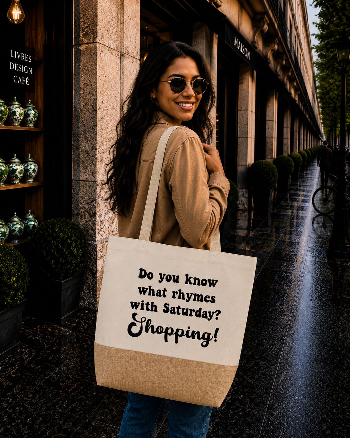 Strandtas “Do You Know What Rhymes With Saturday?” – Grappige Shopper met Humor &amp; Weekend Vibes