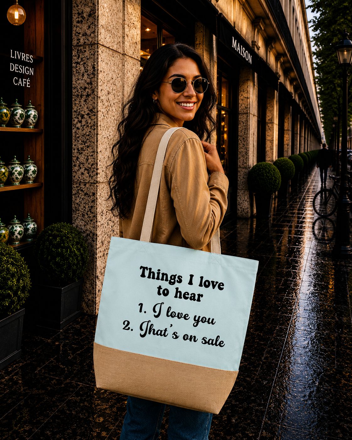 Strandtas “Things I Love To Hear: I Love You &amp; That’s On Sale” – Grappige Shopper voor Koopjesjagers