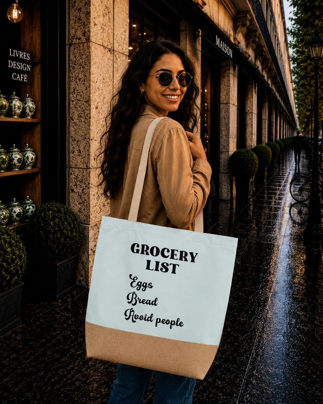 Strandtas “Grocery List: Eggs, Bread, Avoid People” – Grappige Shopper met Sarcastische Humor