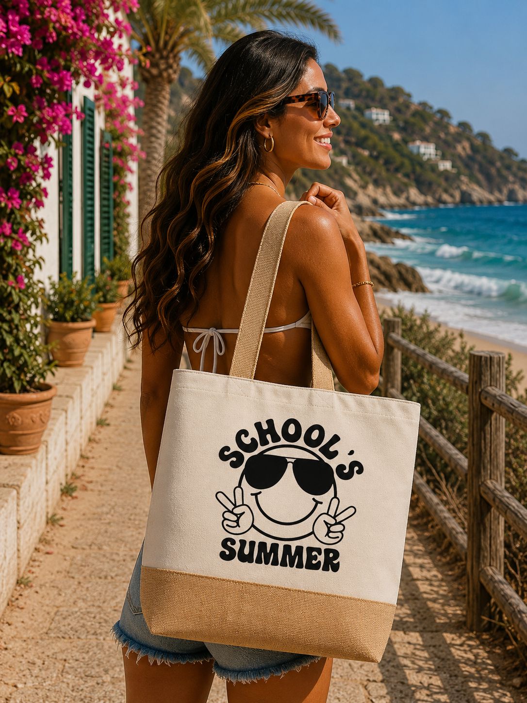 School’s Summer Strandtas – Grote Canvas Beach Bag met Zomerse Print