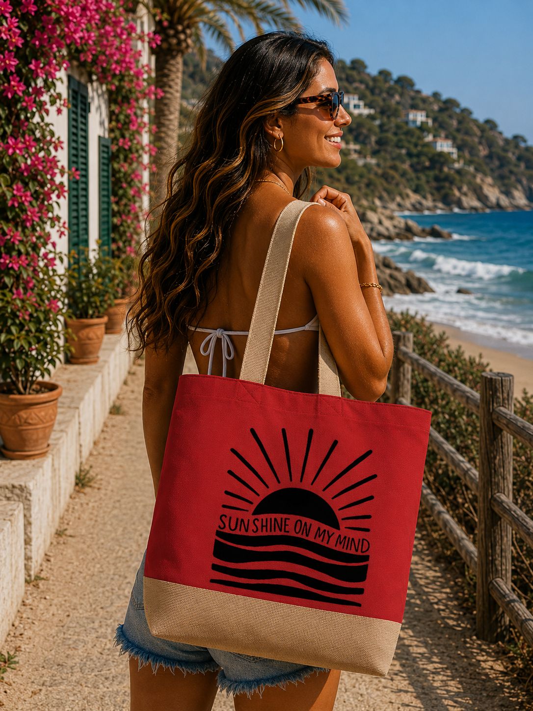 Sunshine on My Mind Strandtas – Grote Canvas Beach Bag met Zomerse Quote