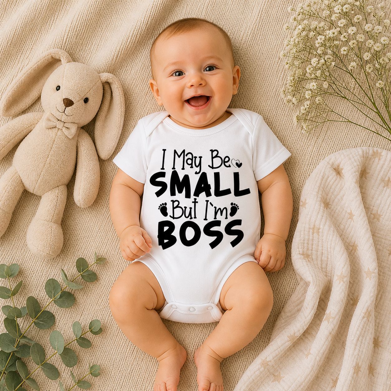 Baby Romper “I May Be Small But I’m Boss” – Stoere &amp; Schattige Babykleding + Origineel Kraamcadeau