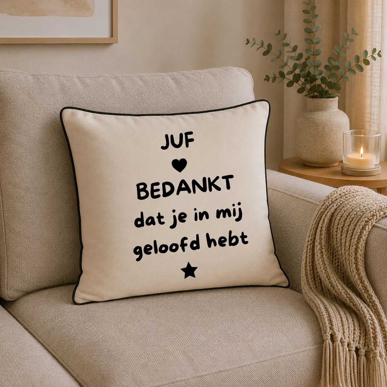 Juf Bedankt Dat Je In Mij Geloofd Hebt Sierkussen – Origineel Cadeau Voor Juf – Decoratief Kussen