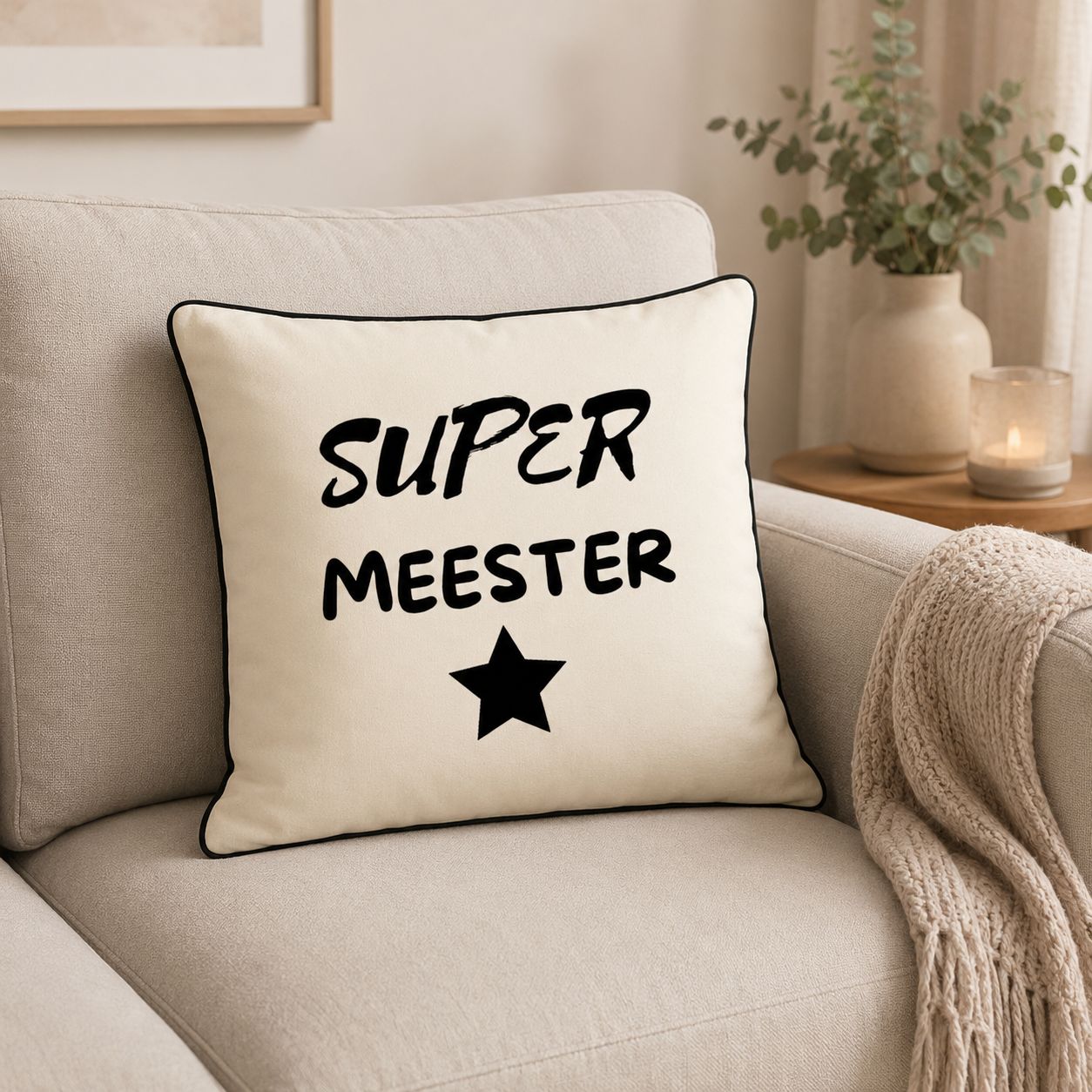 Super Meester Sierkussen – Origineel Cadeau Voor Meester – Decoratief Kussen Met Tekst