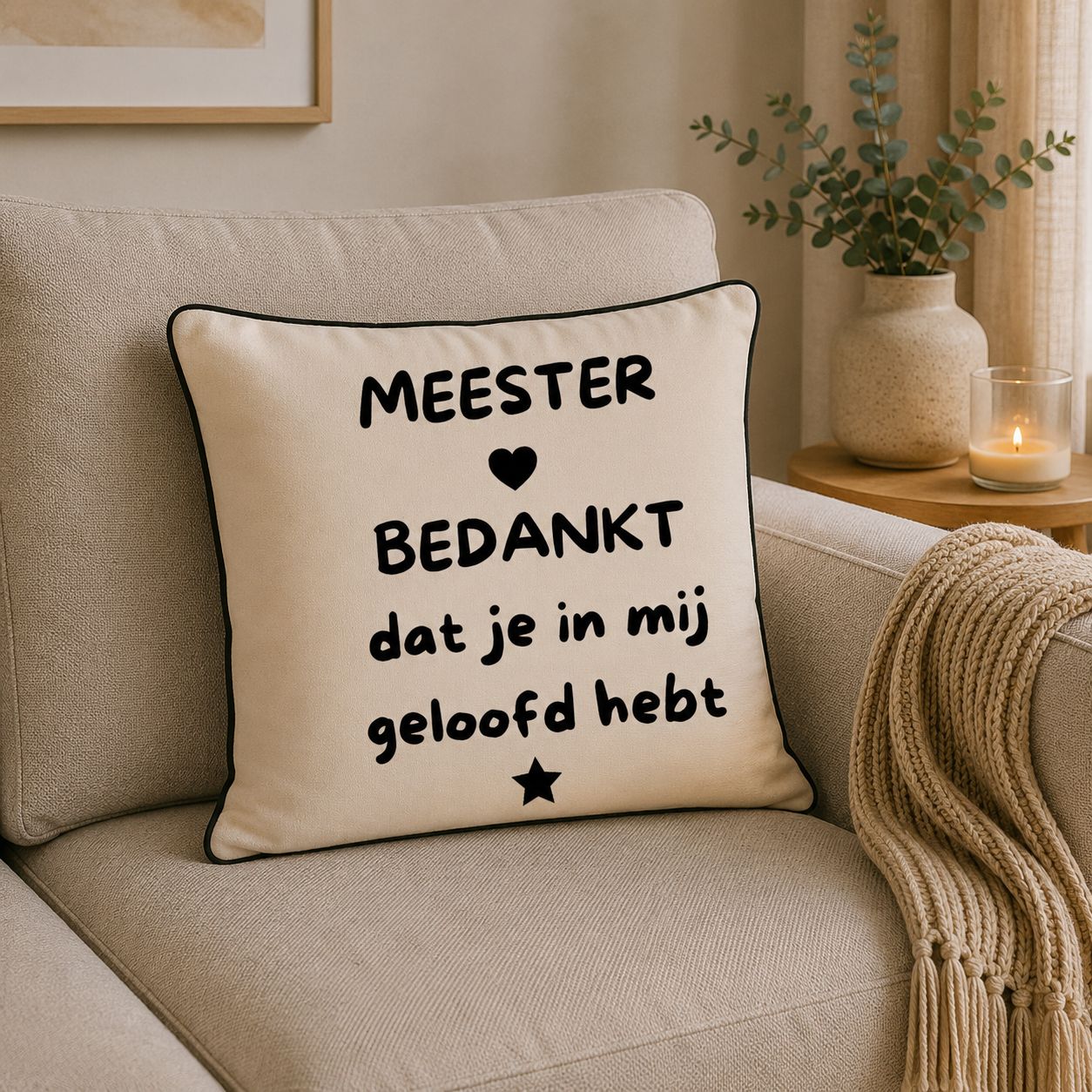 Meester Bedankt Dat Je In Mij Geloofd Hebt Sierkussen – Origineel Cadeau Voor Meester – Decoratief Kussen