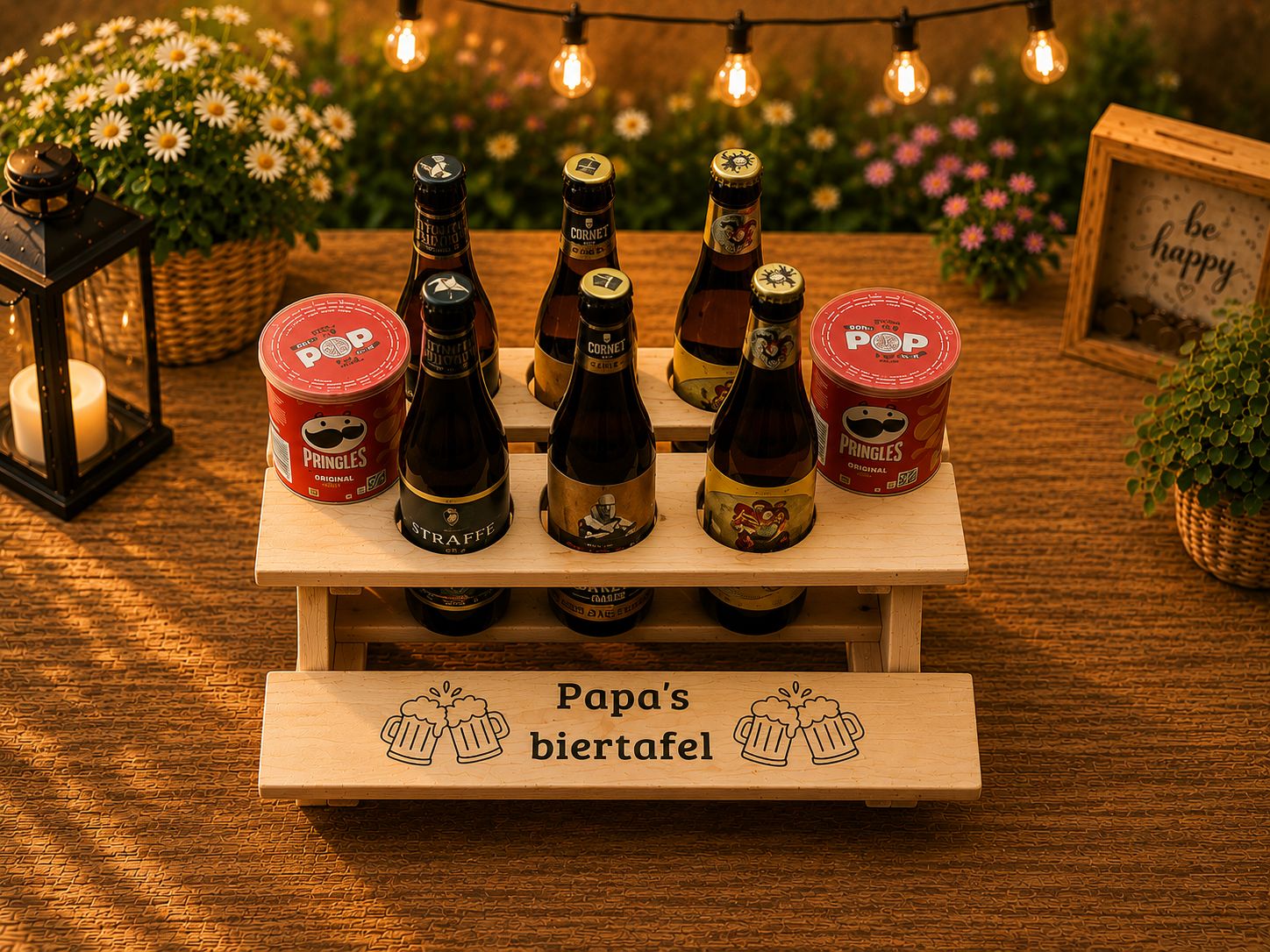 Papa's Biertafel – Gepersonaliseerde Houten Picknicktafel Met Straffe Hendrik - Brugse Zot - Cornet &amp; Pringles – 39 x 37 x 16,5 cm