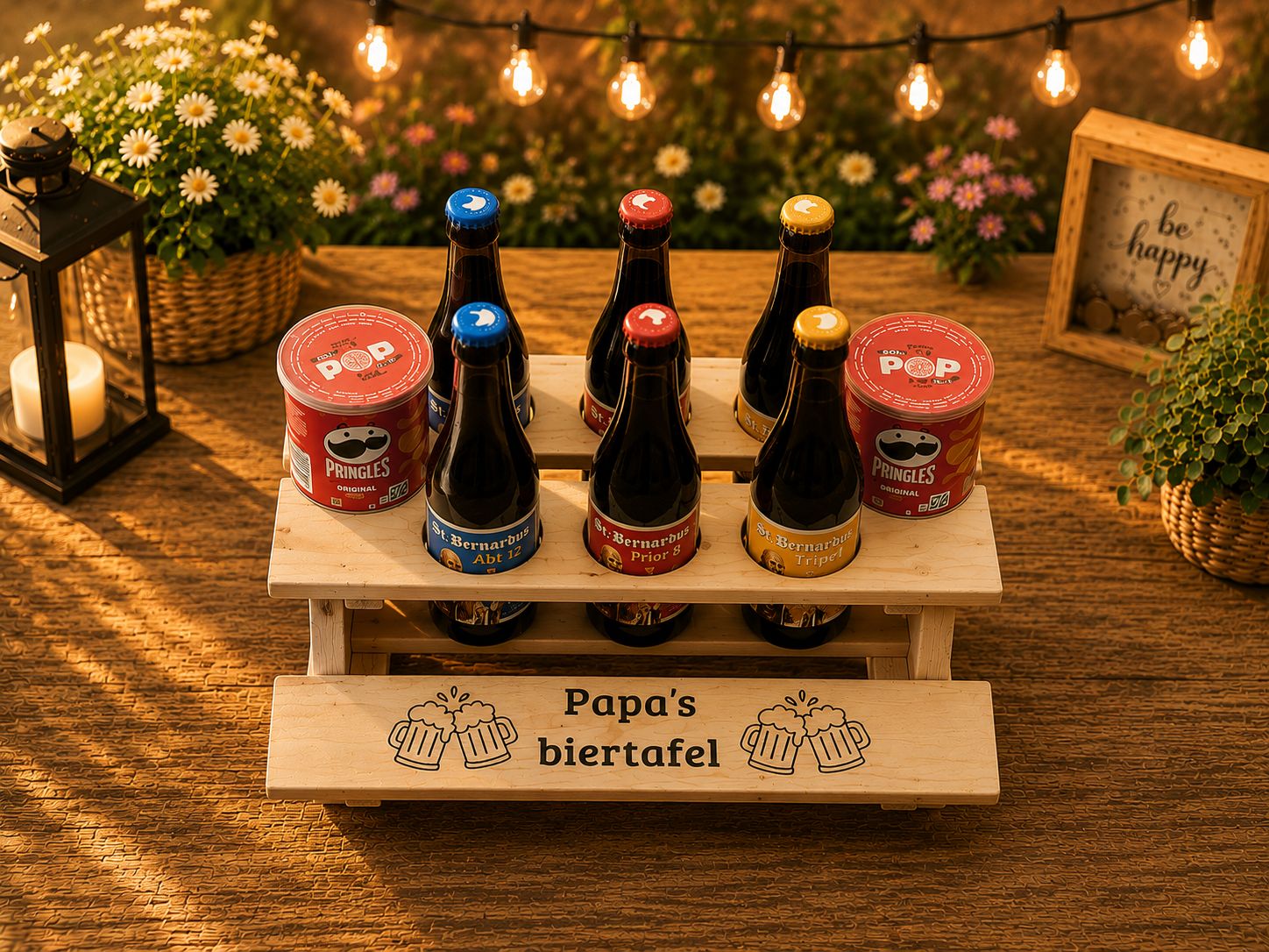 Papa's Biertafel – Gepersonaliseerde Houten Picknicktafel Met Sint Bernardus &amp; Pringles – 39 x 37 x 16,5 cm