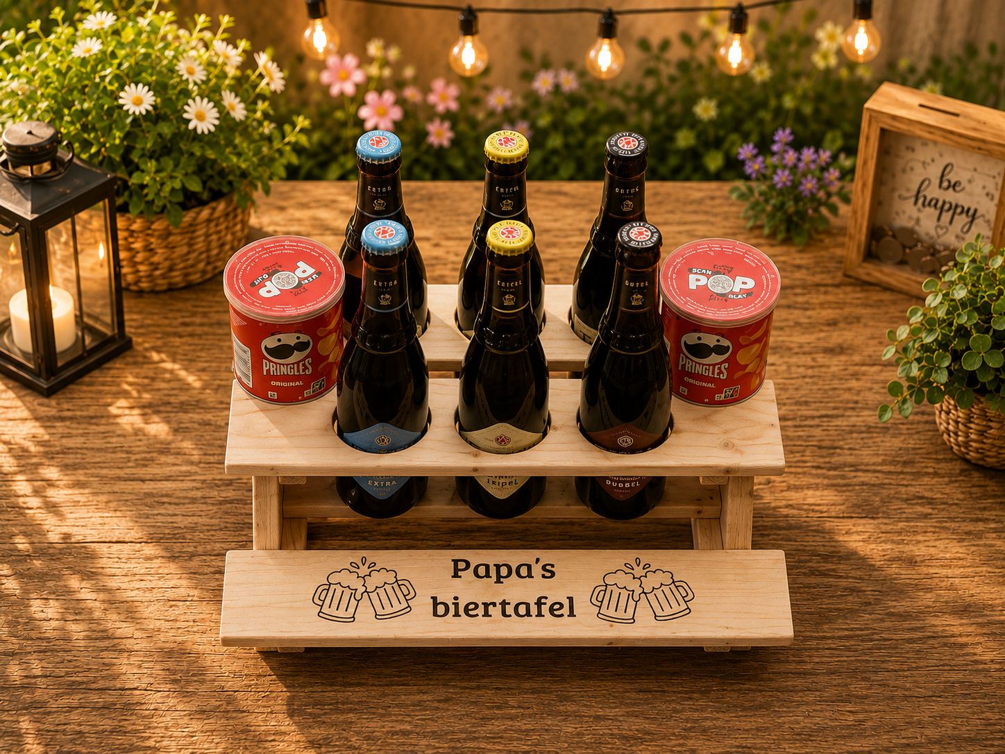 Papa's Biertafel – Gepersonaliseerde Houten Picknicktafel Met Westmalle &amp; Pringles – 39 x 37 x 16,5 cm