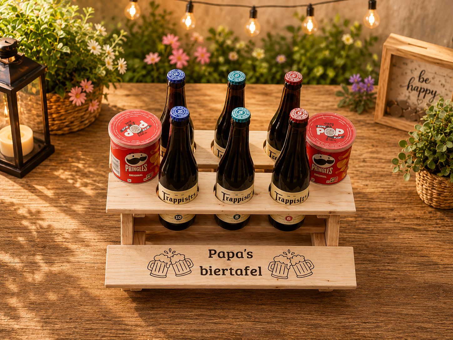 Papa's Biertafel – Gepersonaliseerde Houten Picknicktafel Met Rochefort &amp; Pringles – 39 x 37 x 16,5 cm