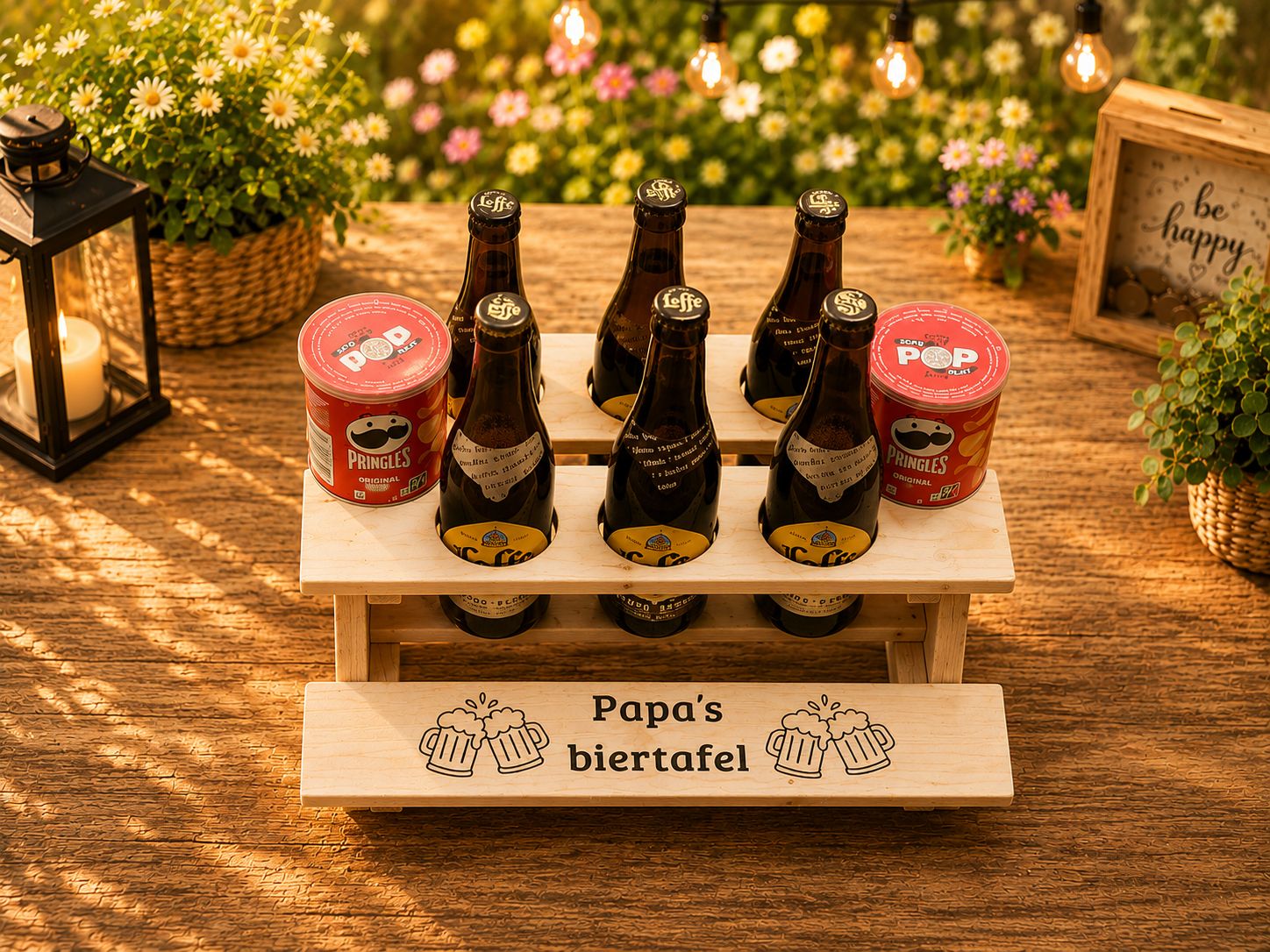 Papa's Biertafel – Gepersonaliseerde Houten Picknicktafel Met Leffe &amp; Pringles – 39 x 37 x 16,5 cm