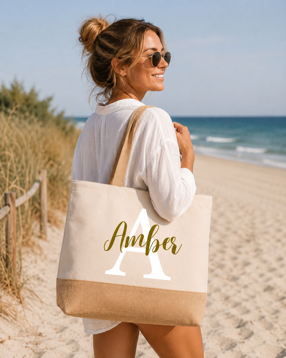 Gepersonaliseerde Strandtas met Naam en Letter – Ruime Canvas Strandshopper 52 x 40 x 15 cm