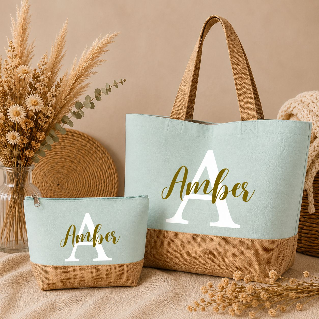 Gepersonaliseerde Strandtas &amp; Toilettas met Naam en Letter - Ice Mint - Unieke Cadeauset voor Vakantie en Strand
