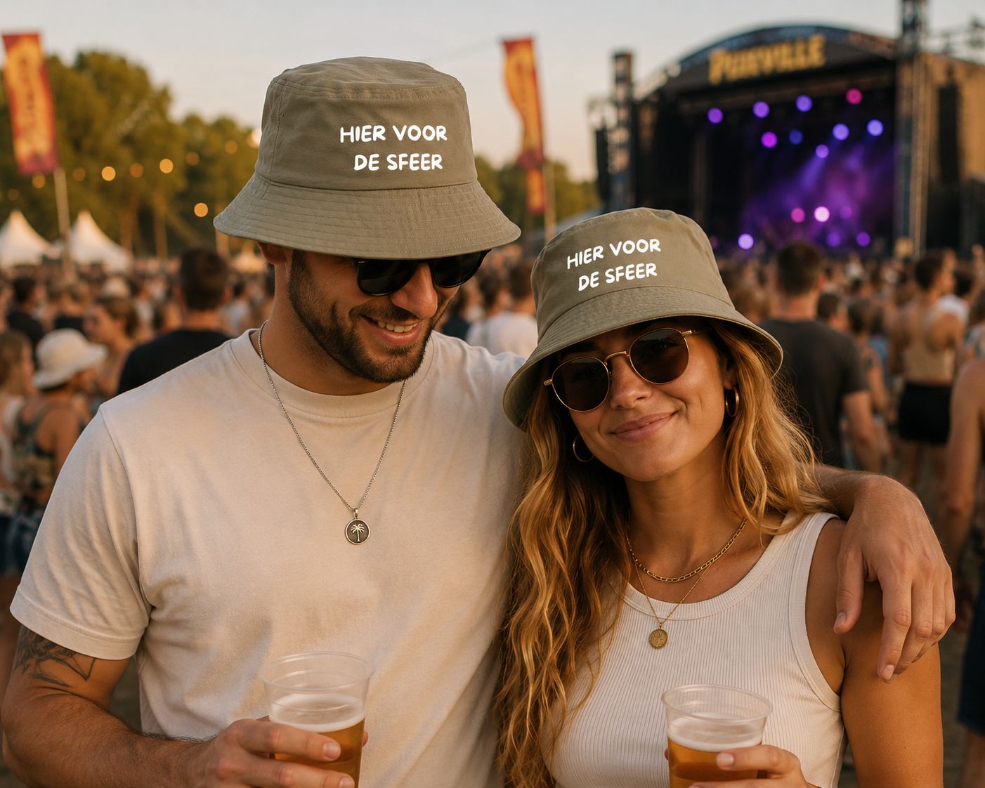 Hier Voor De Sfeer Bucket Hat | Grappig Festival Hoedje met Tekst