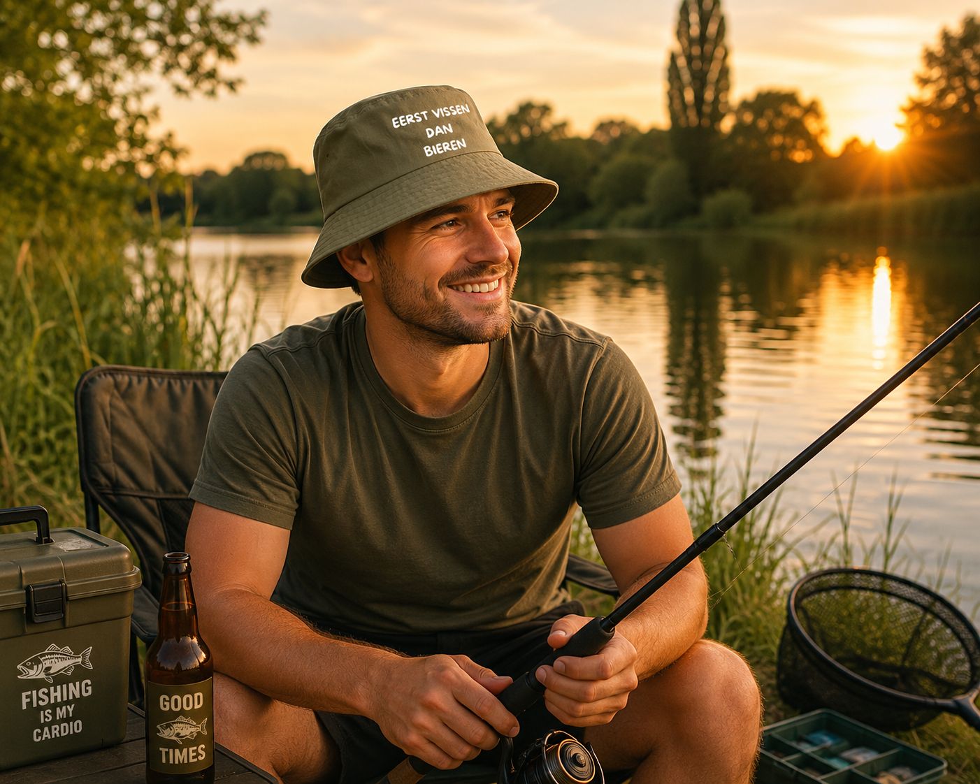 Eerst Vissen Dan Bieren Bucket Hat – Grappig Vissershoedje voor Vissers en Bierliefhebbers