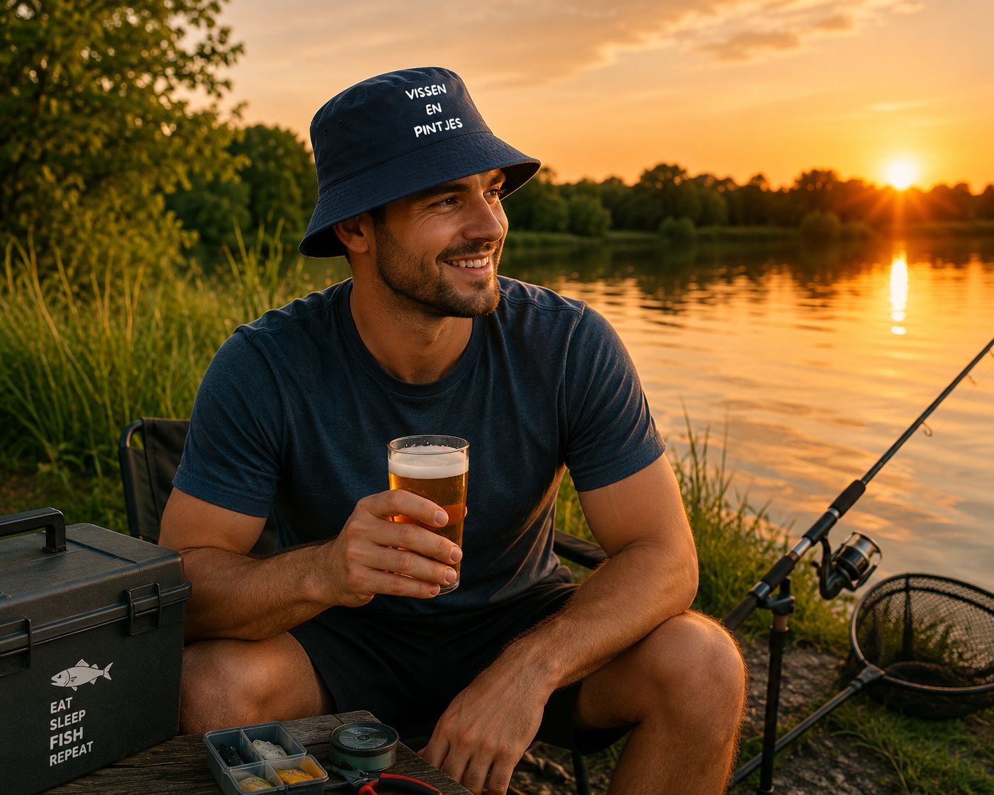 Vissen en Pintjes Bucket Hat – Grappig Vissershoedje voor Vissers en Bierliefhebbers