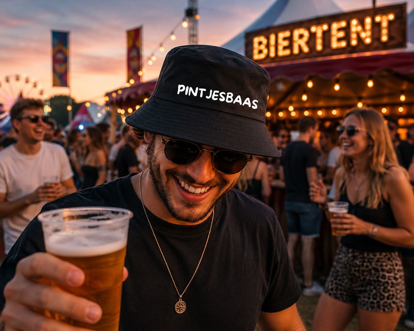 Pintjesbaas Bucket Hat – Grappige Festivalhoed voor Bierliefhebbers