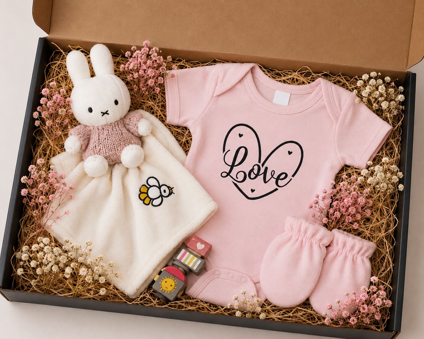 Baby Cadeaubox Love - Meisje - Gepersonaliseerd Kraamcadeau met Knuffeldoekje