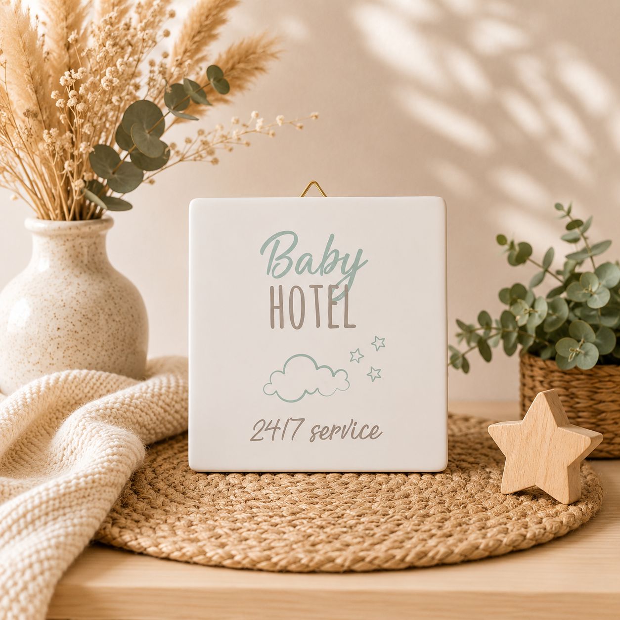 Baby Hotel 24/7 Service Tegeltje 10x10 cm | Grappig Kraamcadeau &amp; Babykamer Decoratie