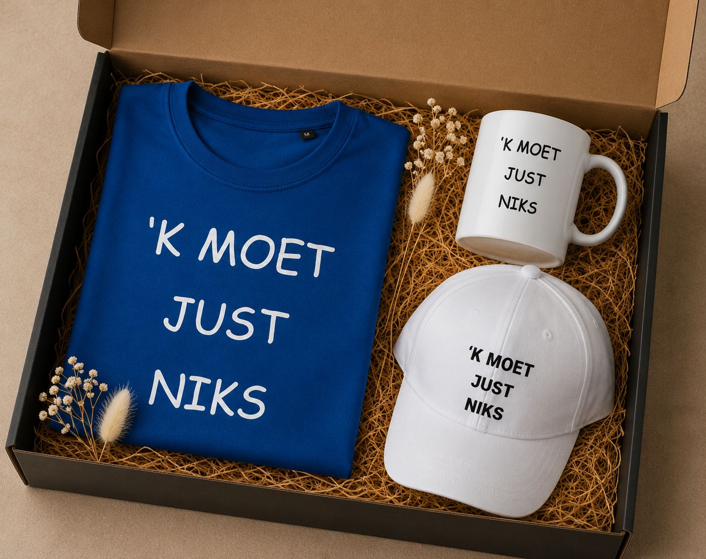 'k Moet Just Niks Zomerbox | T-shirt, Pet &amp; Mok Cadeaubox