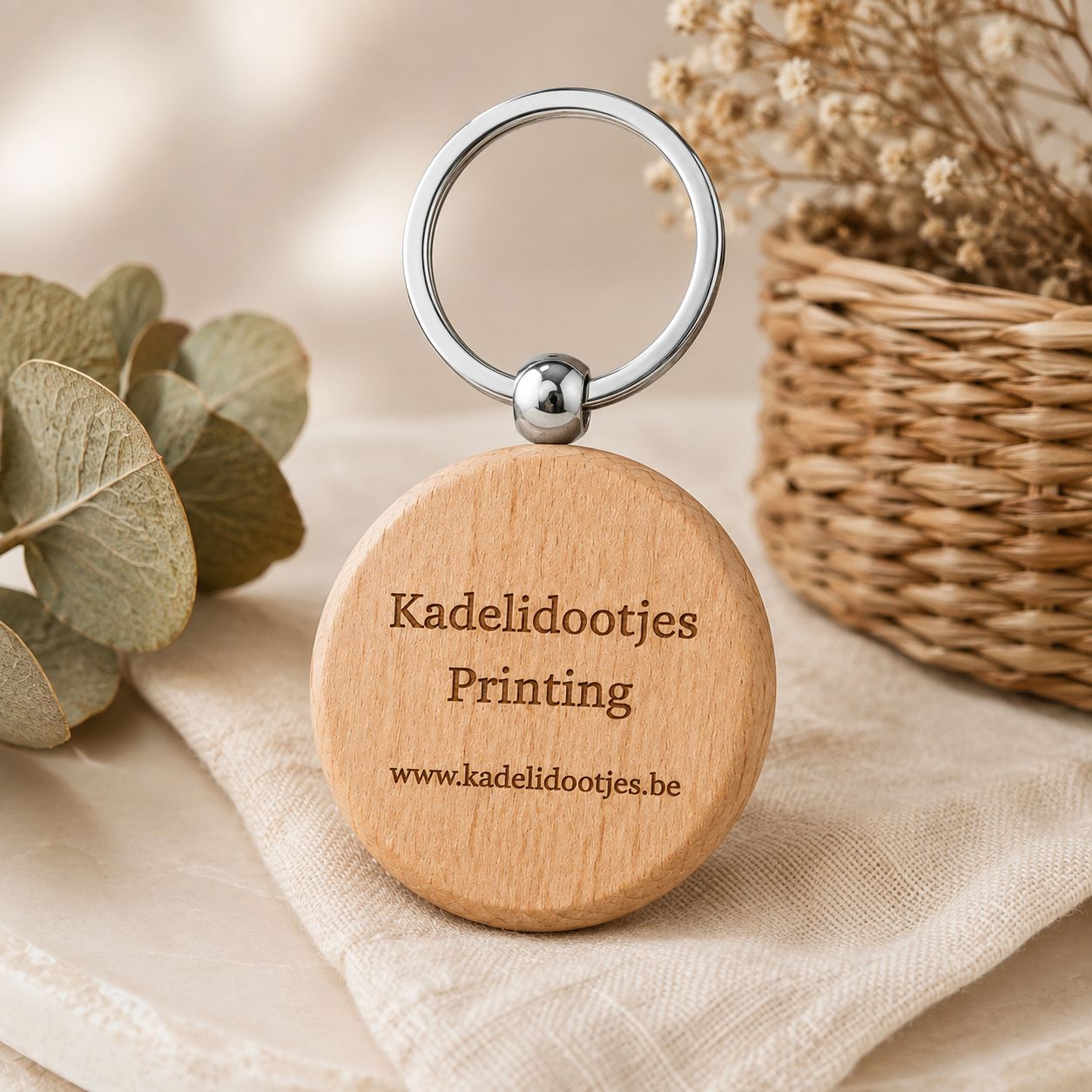 Houten Ronde Sleutelhanger met Bedrijfsnaam | Gepersonaliseerd Relatiegeschenk