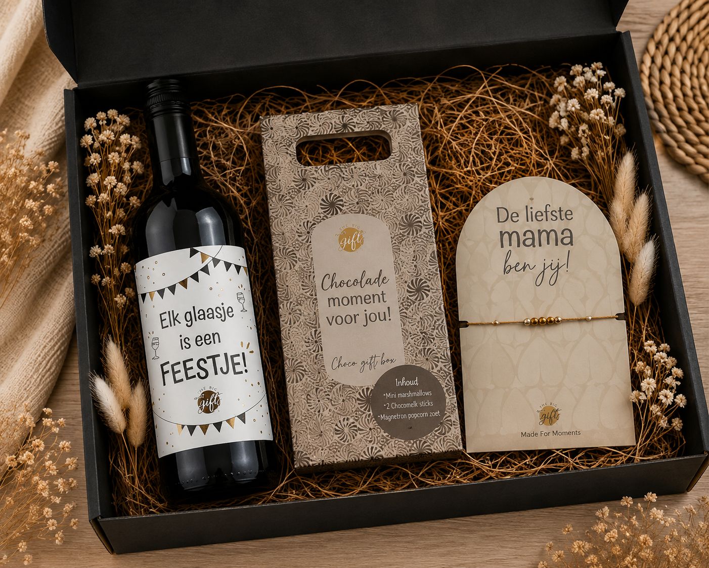 Cadeaubox voor Mama met Rode Wijn, Chocolade &amp; Armbandje | Kadelidootjes