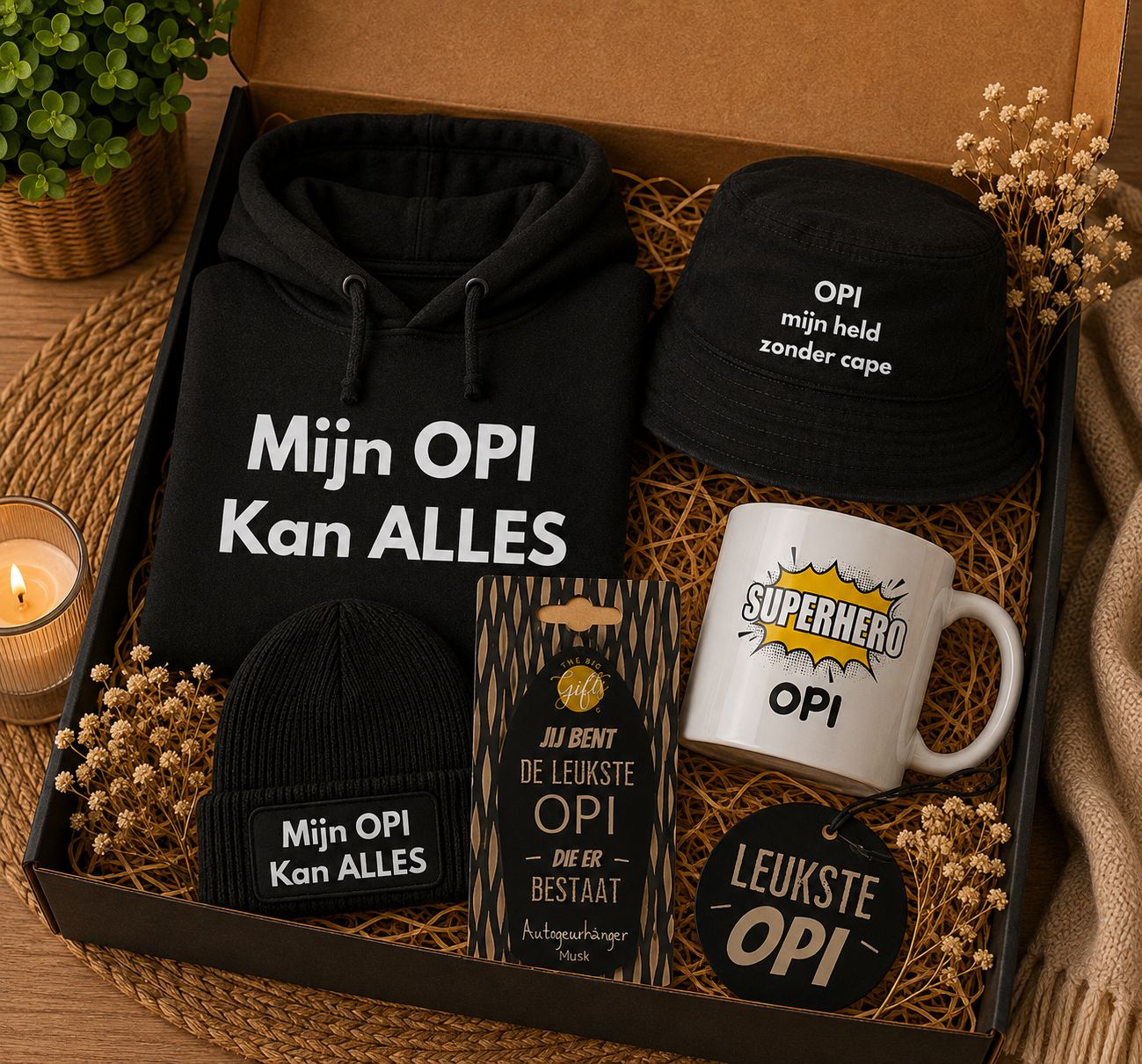 Cadeaubox voor Opi met Hoodie, Muts, Mok &amp; Cadeaus | Kadelidootjes