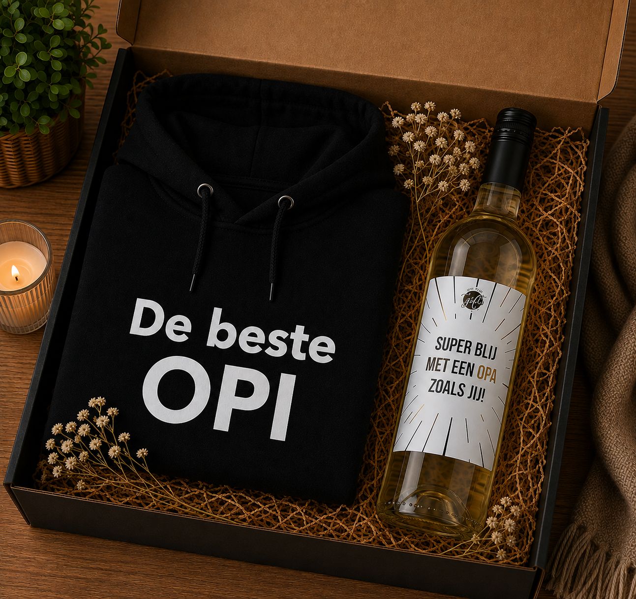 Cadeaubox voor Opi met Hoodie &amp; Witte Wijn – Geschenk | Kadelidootjes