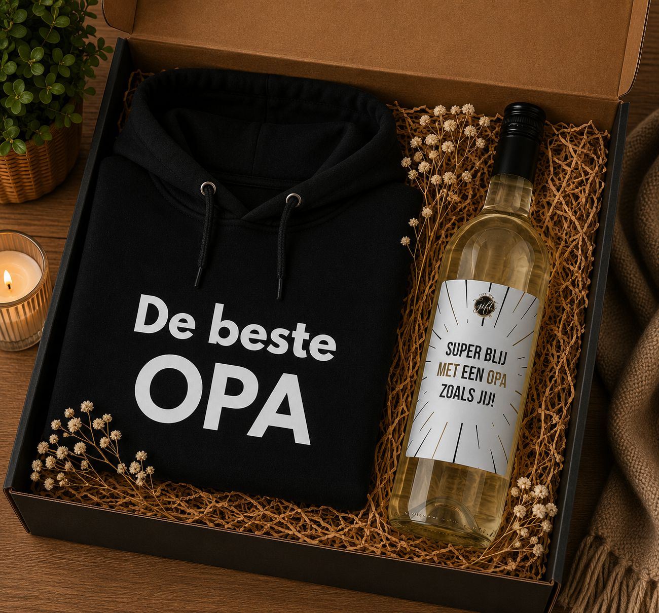 Cadeaubox voor Opa met Hoodie &amp; Witte Wijn – Geschenk | Kadelidootjes