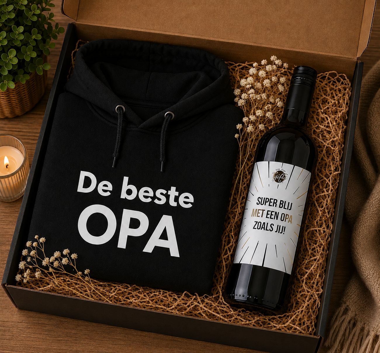 Cadeaubox voor Opa met Hoodie &amp; Rode Wijn – Geschenk | Kadelidootjes