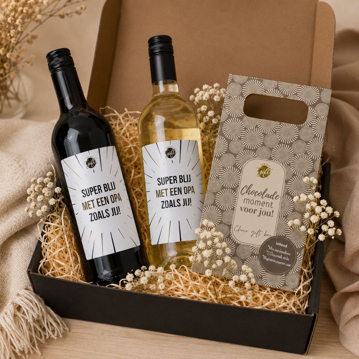 Cadeaubox voor Opa met Rode &amp; Witte Wijn en Chocolade | Kadelidootjes