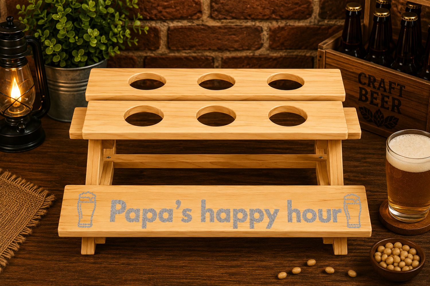 Papa’s Happy Hour Bierbank – Gepersonaliseerde Houten Bierhouder  – 39 x 37 x 16,5 cm | Kadelidootjes