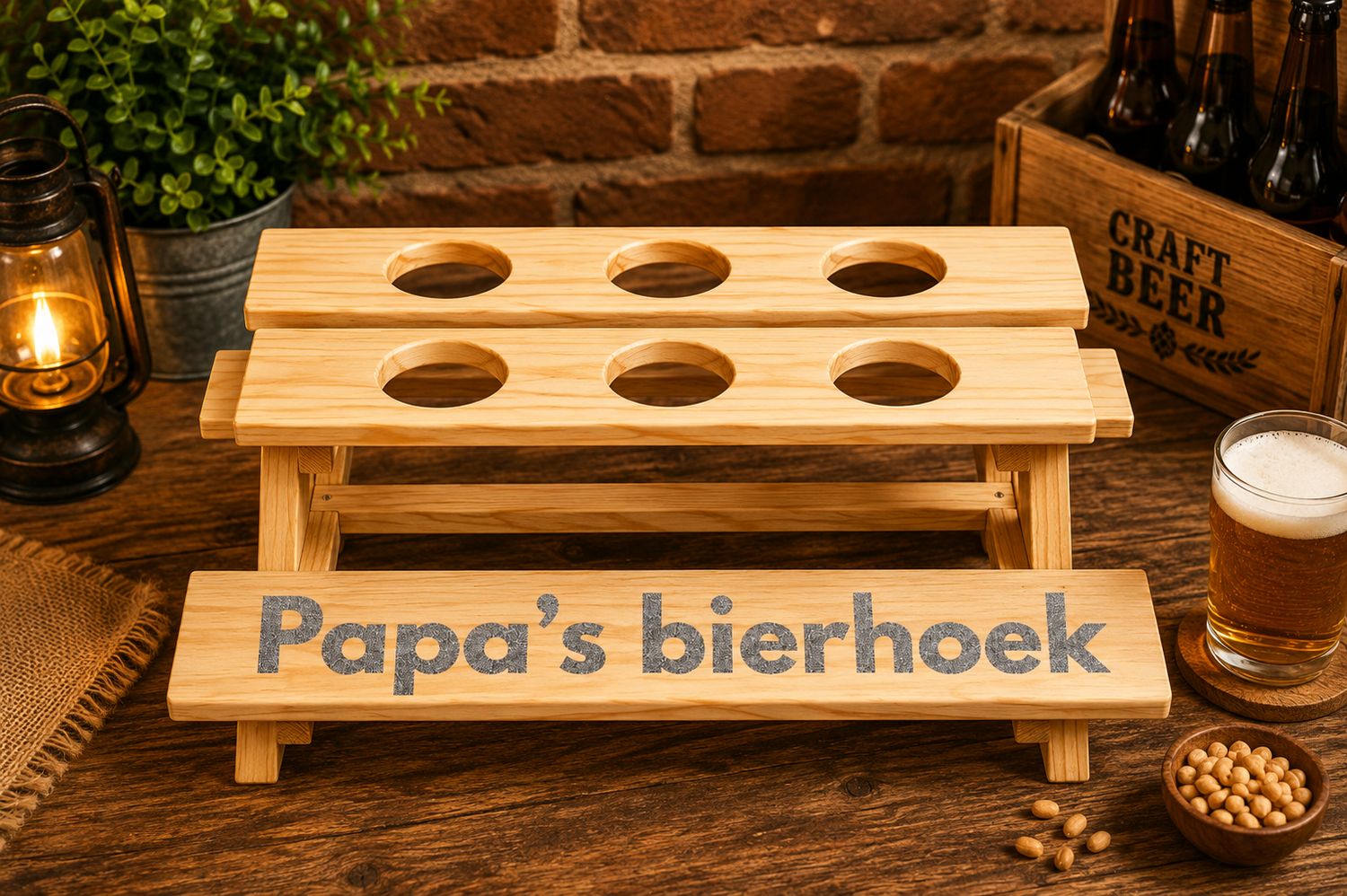 Papa’s Bierhoek Bierbank – Houten Bierhouder voor 6 Flesjes – 39 x 37 x 16,5 cm  | Kadelidootjes